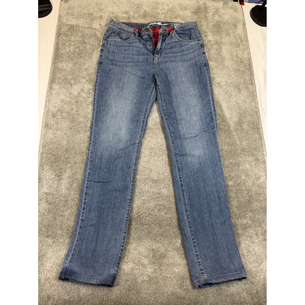 Eddie Bauer Flannel Lined Boyfriend Relaxed Jeans Blue Plaid Women 8 Tall